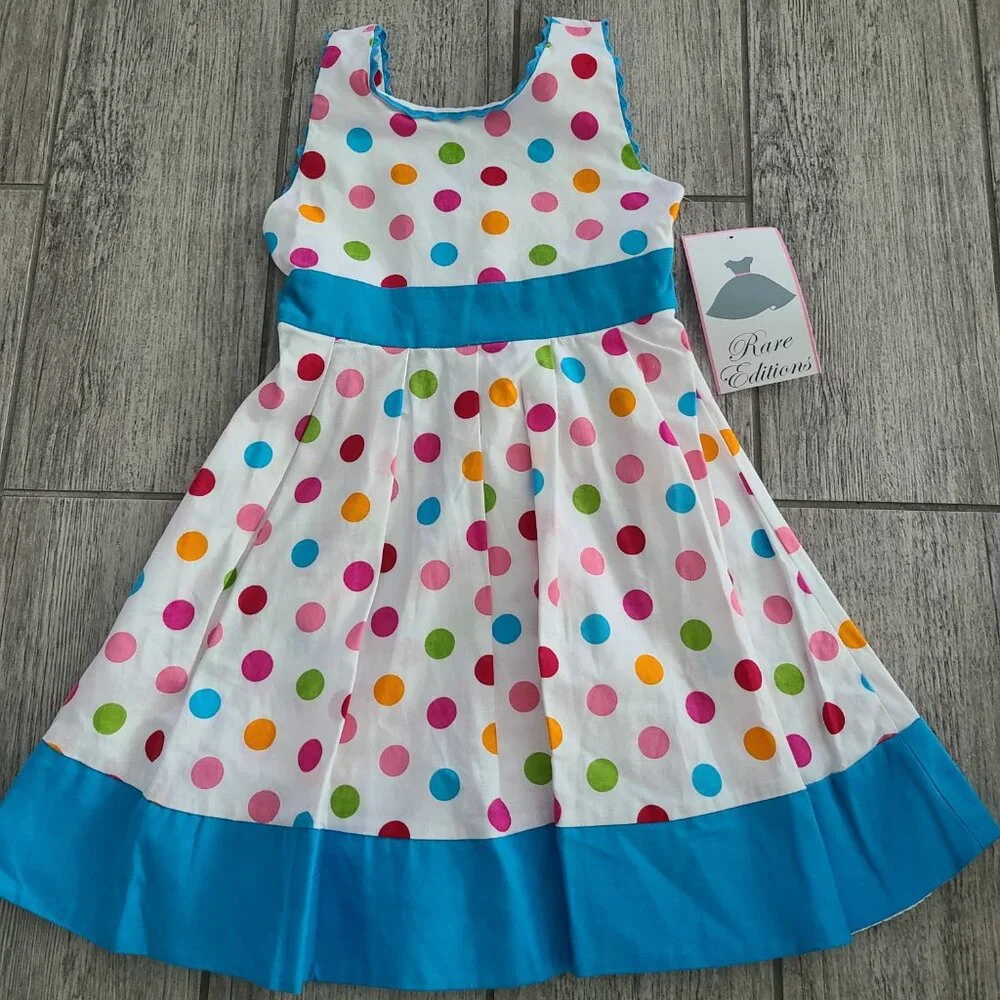 Rare Editions NWT Girls white and blue Polka Dot Sleeveless Dress – Size 4